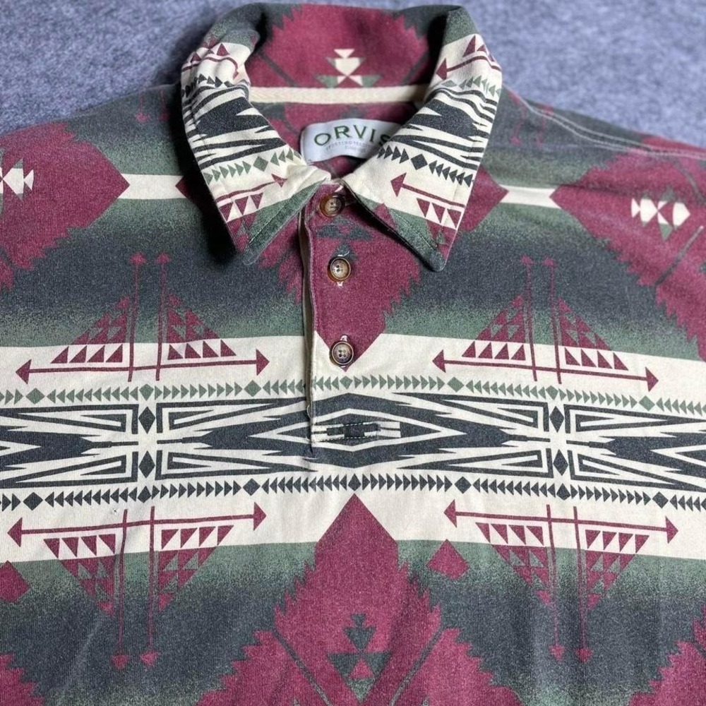 Orvis Mens Aztec Southwestern Geometric Print Polo Shirt Burgundy Green Cotton M